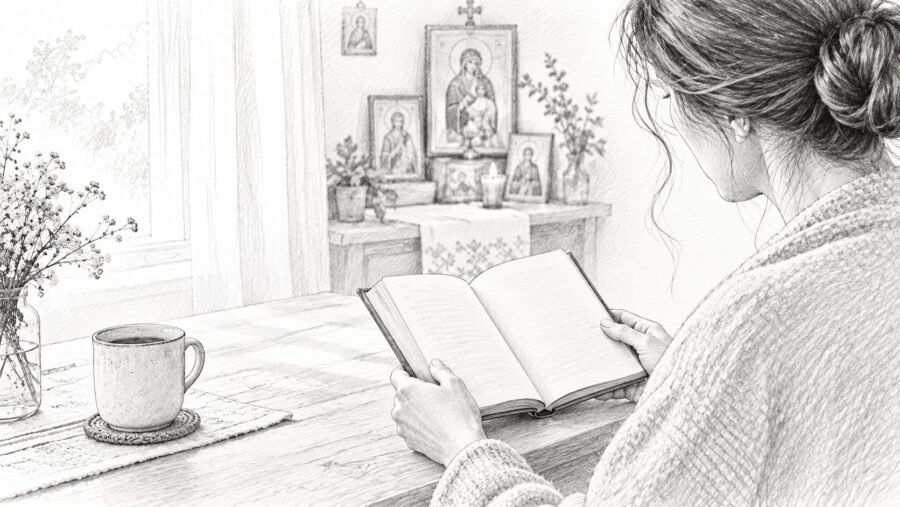 Женщина читает акафист матушке Алипии дома