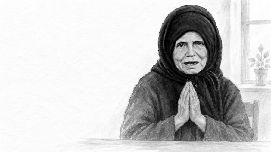 Чёрно-белая иллюстрация матушки Алипии, сложившей руки в молитве
