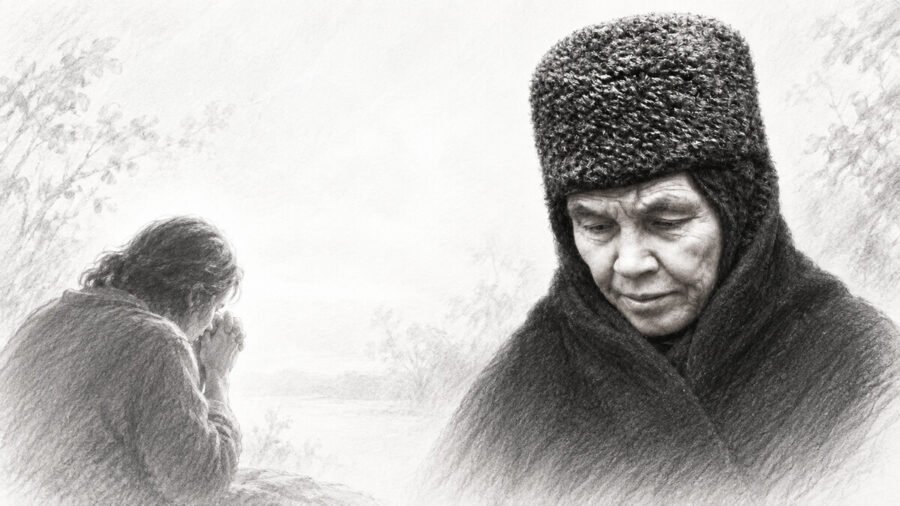 Alt: Mother Alipia of Kyiv and a person praying for help in a time of sorrow.