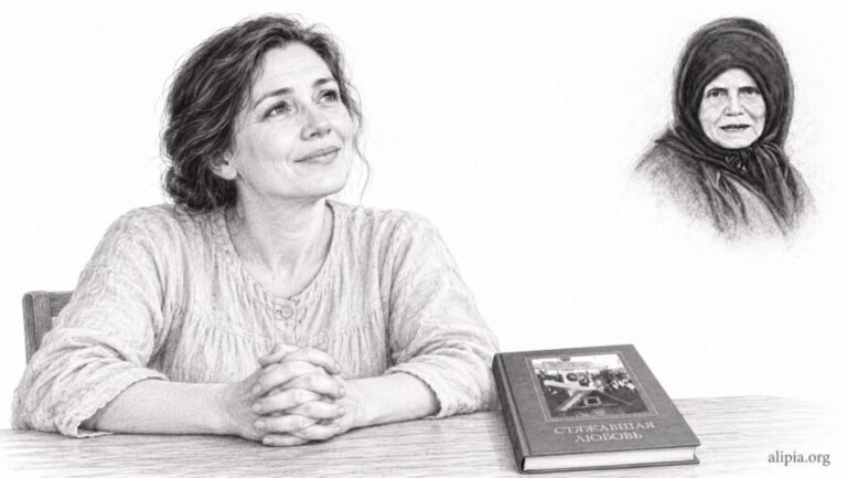 Матушка Алипия помогла через книгу — свидетельство Женщина получает от соседки голубую книгу «Стяжавшая любовь», а рядом незримо присутствует матушка Алипия.