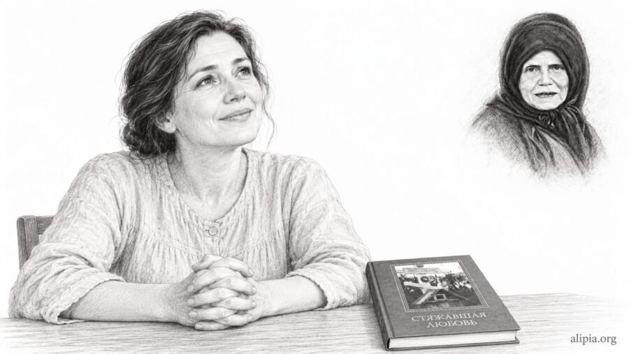 Матушка Алипия помогла через книгу — свидетельство Женщина получает от соседки голубую книгу «Стяжавшая любовь», а рядом незримо присутствует матушка Алипия.