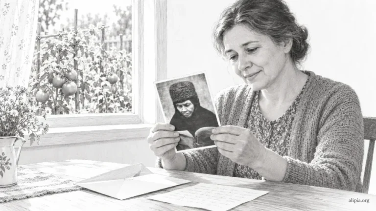 Женщина держит присланную фотографию матушки Алипии; на столе лежат письмо и конверт, а за окном растут помидоры.