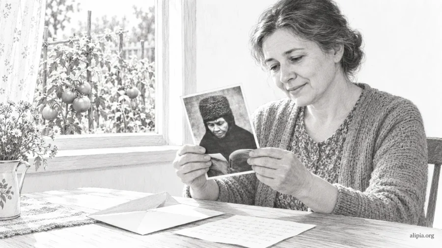 Женщина держит присланную фотографию матушки Алипии; на столе лежат письмо и конверт, а за окном растут помидоры.